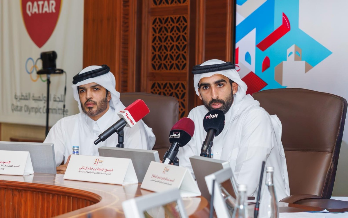 QBF President Mohamed Saad Al Mughaseeb (left) and Qatar School Sports Association President Sheikh Khalifa bin Khalid Al Thani during the press conference.