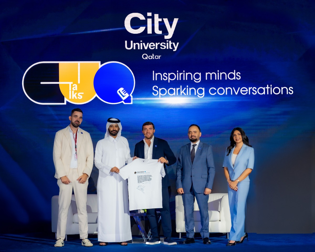 Professor Dr. Faris Gorashi Faris, President of City University Qatar;  football journalist Fabrizio Romano and other officials at CUQ.