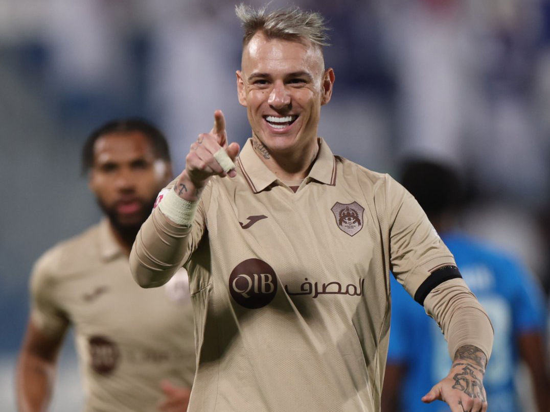 Al Rayyan's Roger Guedes celebrates after scoring a goal.