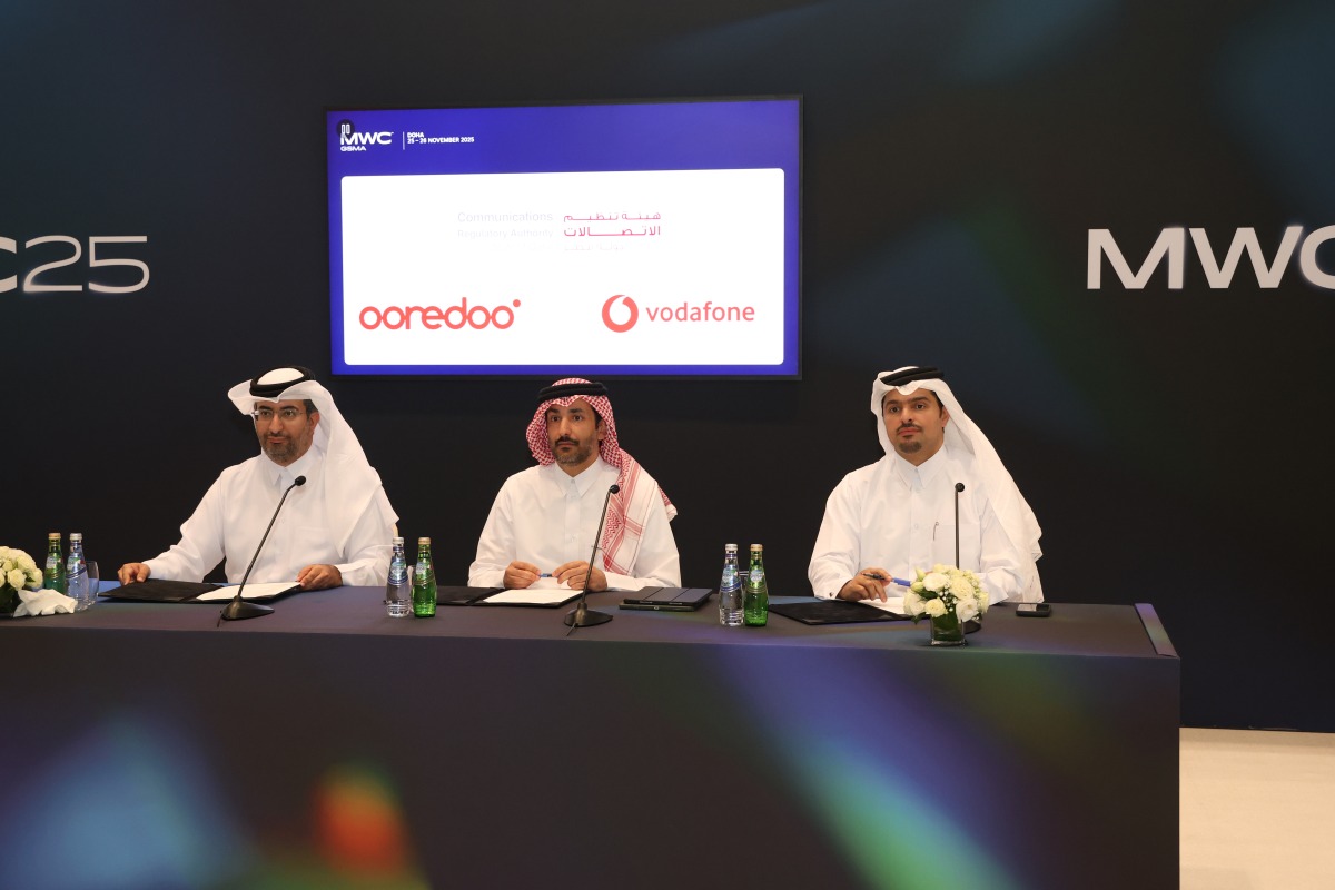 President of CRA Engineer Ahmad bin Abdulla AlMuslemani; Chief Executive Officer of Ooredoo Qatar Sheikh Ali bin Jabor bin Mohammad Al Thani and Chief Executive Officer at Vodafone Qatar Sheikh Hamad Abdulla Jassim Al Thani during signing of the Letter of Intent.  