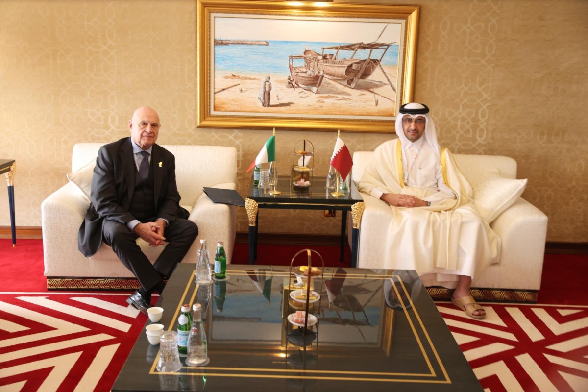 Minister of Justice and Minister of State for Cabinet Affairs H E Ibrahim bin Ali Al Mohannadi meeting with Minister of Justice of the Italian Republic H E Carlo Nordio.