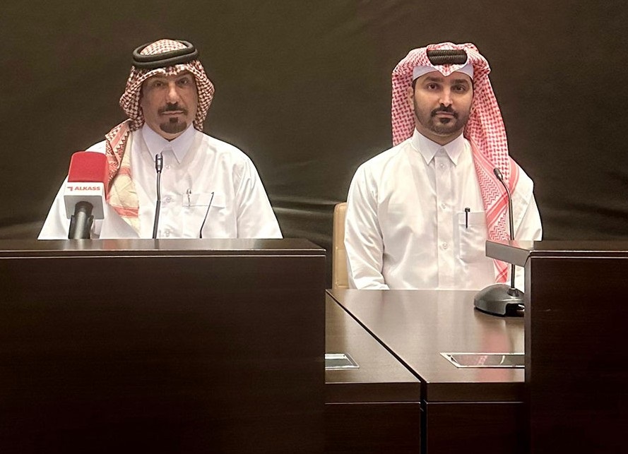 Head of the Organising Committee Hassan Al Ishaq and Executive Director of the Qatar Sports for All Federation Abdullah Al Dosari speak at a press conference. 
