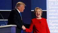 Republican US presidential nominee Donald Trump greets Democratic US presidential nominee Hillary Clinton after their first presidential debate at Hofstra University in Hempstead, New York, US, September 26, 2016. Reuters/Brian Snyder
