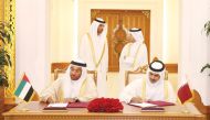 The Prime Minister and Interior Minister H E Sheikh Abdullah bin Nasser Bin Khalifa Al Thani and Minister of State in the United Arab Emirates and the Chief Executive Officer of Abu Dhabi National Oil Company (ADNOC). Dr. Sultan Bin Ahmed Al Jaber watchin