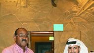 Katara General Manager Dr Khalid bin Ibrahim Al Sulaiti presents a memento to the Prime Minister of Antigua and Barbuda, Gaston Browne.