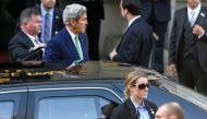 US Secretary of State John Kerry (Top L) arrives on October 16, 2016 in Lausanne to meet with his Russian counterpart in a bid to ease the bloodshed in Syria. / AFP / FABRICE COFFRINI