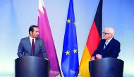 Foreign Minister H E Sheikh Mohammed bin Abdulrahman Al Thani with  his German counterpart Frank-Walter Steinmeier at a joint press meet in Berlin, yesterday.