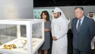 Dr Khalid bin Ibrahim Al Sulaiti, (centre) General Manager, Katara, Antonio Tanger, (right), Ambassador of Portugal, and Ethical Jewellery Artist Maria do Resgate Almadanim during the opening of the Modern Jewelry Exhibition at Katara yesterday. Pic: Kamm