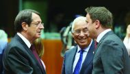 The Prime Minister of Luxemburg, Xavier Bettel (right), Prime Minister of Portugal Antonio Costa (centre) and Greek Cypriot Leader Nikos Anastasiadis chat prior to the meeting of the two-day European Union leaders summit in Brussels, Belgium.
