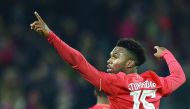 Liverpool’s Daniel Sturridge celebrates after scoring their second goal against Tottenham Hotspur during the EFL (English Football League) Cup fourth round match at Anfield in Liverpool, England on Tuesday.
