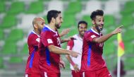 Al Shahaniya’s Abdulla Khalid (right) celebrates after scoring his team’s second goal against Al Sailiyah in their Qatar Stars League match at Hamad Bin Khalifa Stadium yesterday. Later, Al Khor beat Al Ahli 3-1 at the same venue.