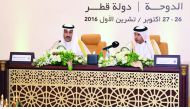 Minister of Administrative Development, Labour and Social Affairs H E Dr Issa bin Saad Al Jafali Al Nuaimi (right) at the 85th session of the Arab Labour Organisation (ALO), which started in Doha, yesterday.