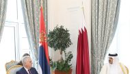 Emir H H Sheikh Tamim bin Hamad Al Thani with President of the Republic of Serbia Tomislav Nikolic, at the Emiri Diwan, yesterday. 