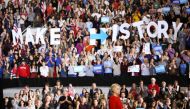 Hillary Clinton addresses the crowd of supporters inside the Reynolds Coliseum on the campus of North Carolina State University on the final campaign stop before election day, in Raleigh, North Carolina, on November 7, 2016. Hillary Clinton and Donald Tru