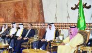 Emir H H Sheikh Tamim bin Hamad Al Thani with the Custodian of the Two Holy Mosques King Salman bin Abdulaziz Al Saud in Riyadh