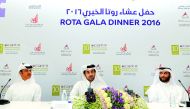 From left: Jamil Al Majed, Vice-Chairman, Al Majed Jewellery; Essa Al Mannai, Executive Director, ROTA; and Khalifa Hassan A Al Jehani, Chief of Corporate Support, Qatar Rail, addressing the media on ROTA Gala Dinner 2016, at Marwan Club Al Shaqab, yester