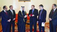 Outgoing Qatari Ambassador to Russia Saud Abdullah Zaid Al Mahmoud being awarded the Russian Foreign Ministry Badge 
