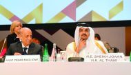 President of Qatar Olympic Committee (QOC) H E Sheikh Joaan bin Hamad Al Thani is seen during his address on the opening session of the ANOC General Assembly in Doha yesterday.