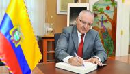 Jordan Ambassador to Qatar Zahi Mohamed Al Samedi signs a book of condolences for the passing of former Ecuador president Sixto Alfonso Duran-Ballen Cordovez at the Ecuador Embassy yesterday. Pic: Baher Amin / The Peninsula