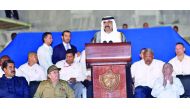 Father Emir H H Sheikh Hamad bin Khalifa Al Thani speaking at the funeral of Fidel Castro in Havana yesterday. Also present are Cuban President Raul Castro and Venezuelan President Nicolas Maduro.