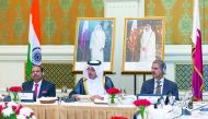 Prime Minister and Interior Minister H E Sheikh Abdullah bin Nasser bin Khalifa Al Thani addressing the businessmen in New Delhi yesterday.