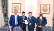 Prime Minister of Ukraine, Volodymyr Groysman, and other officials with H E Dr Hamad bin Abdulaziz Al Kawari, Cultural Adviser at the Emiri Diwan and Qatar's candidate for the post of the Director-General at the Unesco in Kiev on Friday.