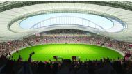 A computer-generated image of  the iconic Khalifa International Stadium. 