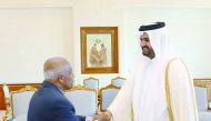 Deputy Emir H H Sheikh Abdullah bin Hamad Al Thani with the Ambassador of the Democratic Socialist Republic of Sri Lanka to Qatar, W M Karunadasa, who called on the Deputy Emir to greet him on the occasion of the end of his tenure in Qatar. The Deputy Emi