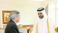 Deputy Emir H H Sheikh Abdullah bin Hamad Al Thani receiving credentials of  Seiichi Otsuka, Ambassador of Japan, at the Emiri Diwan yesterday. The Deputy Emir also received the credentials of new Iran Envoy Mohammad Ali Sobhani. The Ambassadors conveyed 