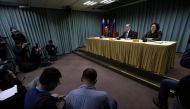 Taiwanese Minister of Foreign Affairs David Lee (C) speaks at a news conference after Sao Tome ended ties with Taiwan, in Taipei December 21, 2016. REUTERS/Stringer
