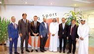 Members of the visiting Turkish delegation, Bilal Erdogan, President of World Ethnosport Confederation,  Ahmet Demirok, Turkish Ambassador to Qatar, Ramil Hasanov, Secretary-General of the Turkic Council and Fikret Orman, President of Besiktas pose for a 