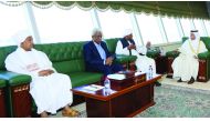 Deputy Prime Minister and Minister of State for Cabinet Affairs H E Ahmed bin Abdullah bin Zaid Al Mahmoud with Assistant to the President of Sudan, Musa Mohamed Ahmed, and his accompanying delegation in Doha yesterday. They reviewed the progress of Darfu