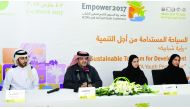 FROM LEFT: Ahmed Allenjawi, Advisory Board Member, Mohammed Abdulla Saleh, National Programs Director at ROTA, Dalal Mohammad, Empower Youth Planning Committee Member, and Rehab Al Naemi, Advisory Board Member, at the press conference yesterday. Pic: Kamm