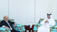 Emir H H Sheikh Tamim bin Hamad Al Thani with the Speaker of the People's National Assembly of Algeria Dr Mohammed Al Arabi Ould Khalifa, at the Emiri Diwan yesterday. The meeting was attended by the Speaker of the Advisory Council H E Mohammed bin Mubara
