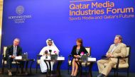 Nasser Al Khater (second left), Assistant Secretary General, Tournament affairs, Supreme Committee for Delivery and Legacy, and other officials at the Qatar Media Industries Forum “Sports Media and Qatar”s Future