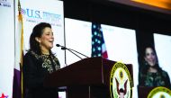 US Ambassador to Qatar Dana Shell Smith speaking at the annual US National Day gala, yesterday.