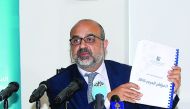 Dr Mohammad Almasri, Executive Director of Arab Center for Research and Policy Studies and Coordinator of Arab Opinion Index, during the press conference at Doha Institute for Graduate Studies, yesterday.  Pic: Ayyoob Abdullah