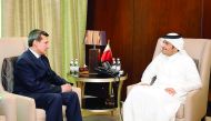 Foreign Minister H E Sheikh Mohamed bin Abdulrahman Al Thani with Turkmenistan's Deputy Prime Minister and Minister of Foreign Affairs Rasit Meredow in Doha yesterday. The Foreign Minister praised the relations between both countries and the outcome of th