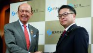 US Commerce Secretary Wilbur Ross is welcomed by Japan's Minister of Trade and Industry Hiroshige Seko at the start of their talks in Tokyo, Japan.