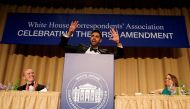 Hasan Minhaj (C) of Comedy Central performs at the White House Correspondents' Association dinner in Washington, U.S. April 29, 2017. Reuters/Jonathan Ernst
