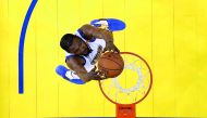 Golden State Warriors forward Kevin Durant (35) dunks against the Cleveland Cavaliers in game five of the 2017 NBA Finals at Oracle Arena.
