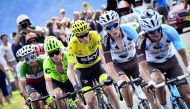From left: Italy’s Fabio Aru, Colombia’s Rigoberto Uran, Great Britain’s Chris Froome wearing the overall leader’s yellow jersey, France’s Romain Bardet and France’s Alexis Vuillermoz ride in a breakaway during the 189,5 km fifteenth stage of the 104th ed