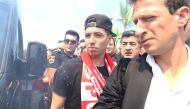Antalyaspor's new transfer Samir Nasri (2nd R) is welcomed by team fans as he arrives in Antalya, Turkey on August 20, 2017. ( Gülsem Adam - Anadolu Agency )
