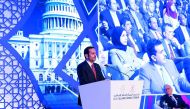 Foreign Minister H E Sheikh Mohammed bin Abdulrahman Al Thani addressing the US-Islamic World Forum in New York on Sunday.
