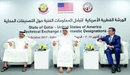 Deputy Governor of Qatar Central Bank, H E Sheikh Fahad bin Faisal Al Thani (centre), with Abdulaziz Al Ansari (left), Chairman of the National Counter-Terrorism Committee; and William Grant, Charge d’Affaires, ad Interim at US Embassy Doha, at the worksh