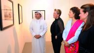 Ahmad Al Sayed (left), Deputy General Manager of Katara, with artists Cecilia Burtica, Aurelie Korady and Marie- Josee Bedard after the show’s opening at Katara Art Centre on Sunday.  Pic: Abdul Basit  / The Peninsula
