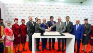 Ambassador of the State of Qatar to Turkey, Salem bin Mubarak Al Shafi, and Qatar Airways Chief Commercial Officer Ehab Amin, with other dignitaries at Adana Airport welcoming  Qatar Airways flight.