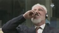 A wartime commander of Bosnian Croat forces, Slobodan Praljak, is seen during a hearing at the U.N. war crimes tribunal in the Hague, Netherlands, November 29, 2017. ICTY via Reuters TV
