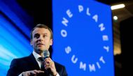 French President Emmanuel Macron delivers a speech during the 'Tech for Planet' event at the 'Station F' start-up campus ahead of the One Planet Summit in Paris on December 11, 2017. / AFP / POOL / PHILIPPE WOJAZER