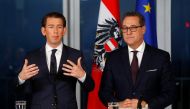 Head of the People's Party (OeVP) Sebastian Kurz (L) and head of the Freedom Party (FPOe) Heinz-Christian Strache address a news conference in Vienna, Austria, December 16, 2017. REUTERS/Leonhard Foeger